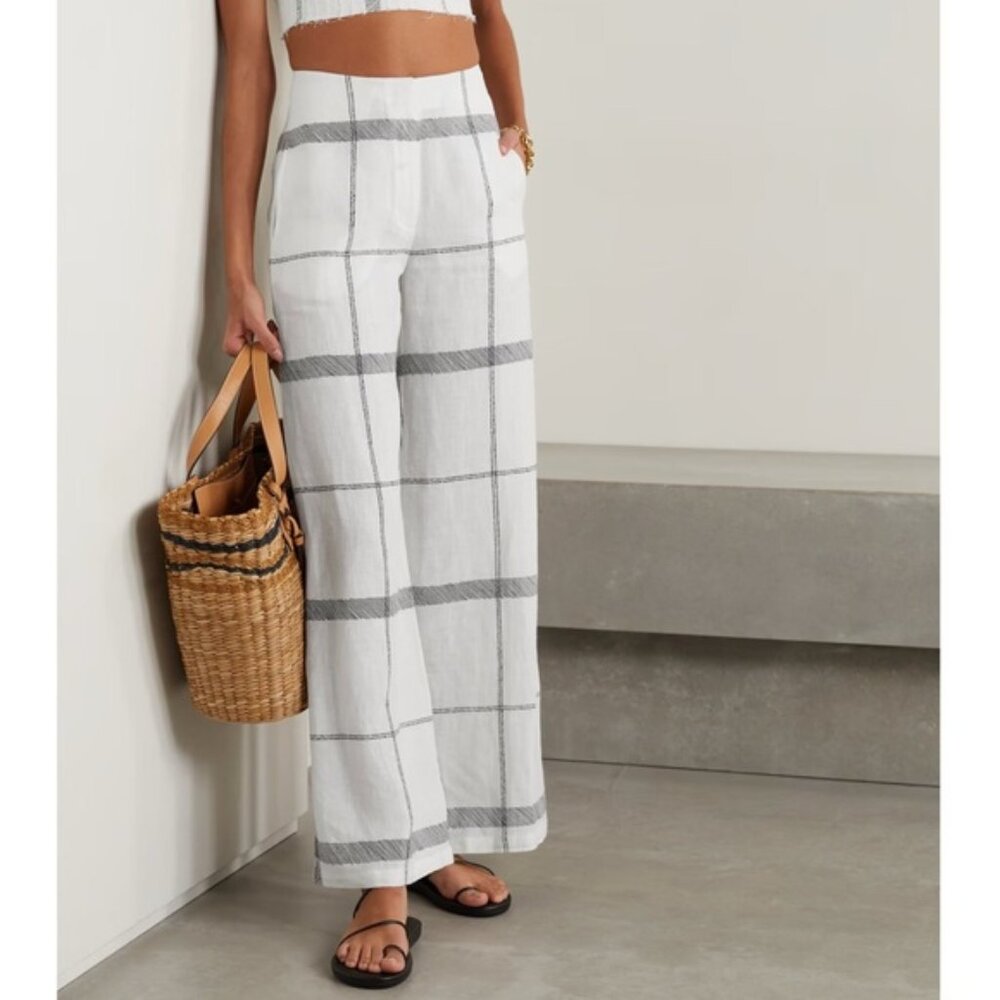 Emporio Sirenuse Artemisia Linen Wide Leg Pants IT 40 White Navy Check